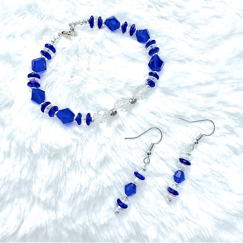 New 16 IN FACET COBALT CRYSTALS 8MM+6MM CRYSTAL RONDELLE AB+COBALT BRACELET SET